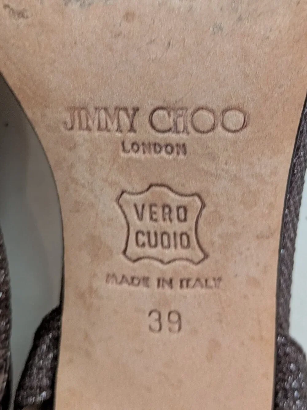 JIMMY CHOO SANDALS / brown embossed subtle sparkle fabric, thin strap  / size 39